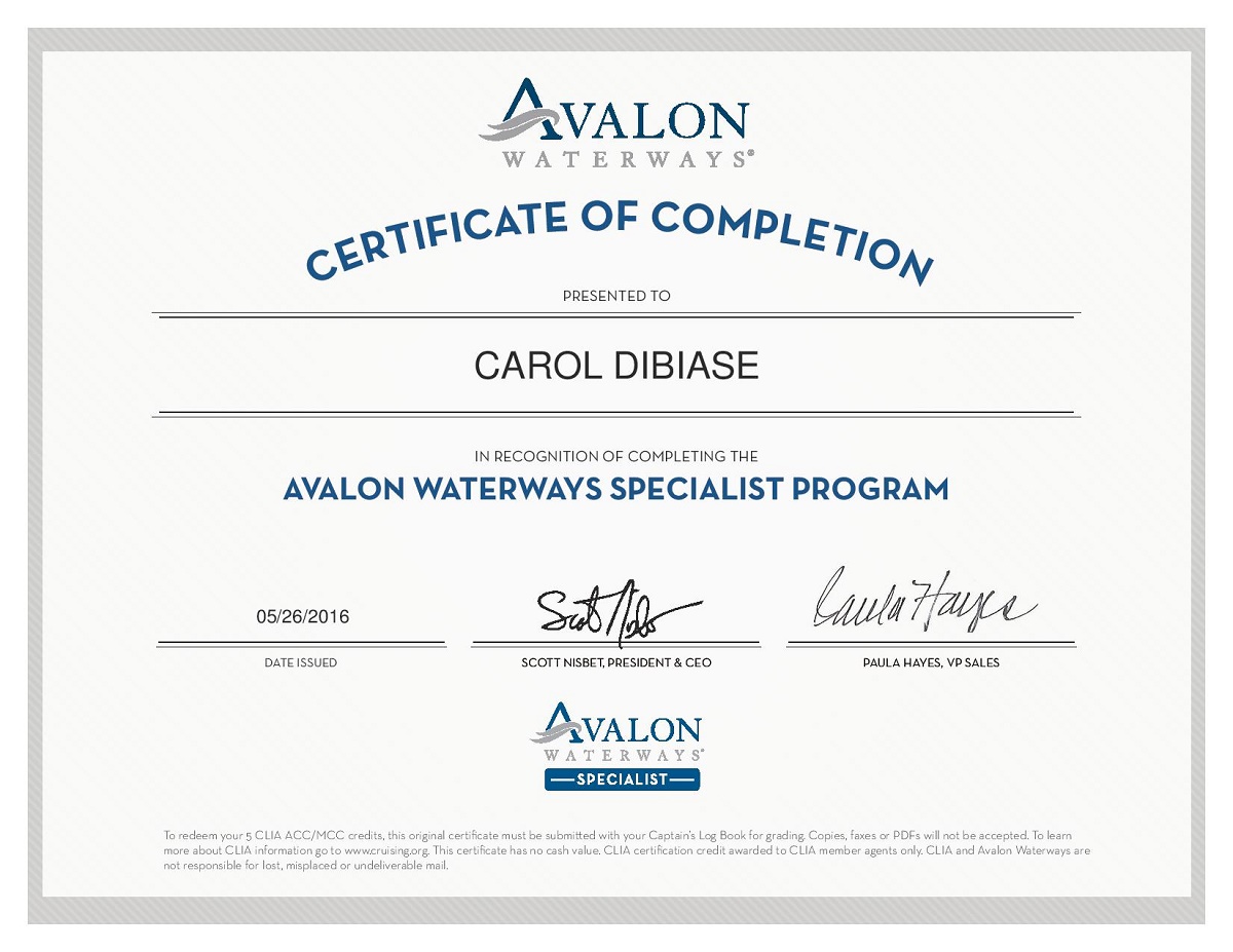 Avalon Waterways Specialist Certificate