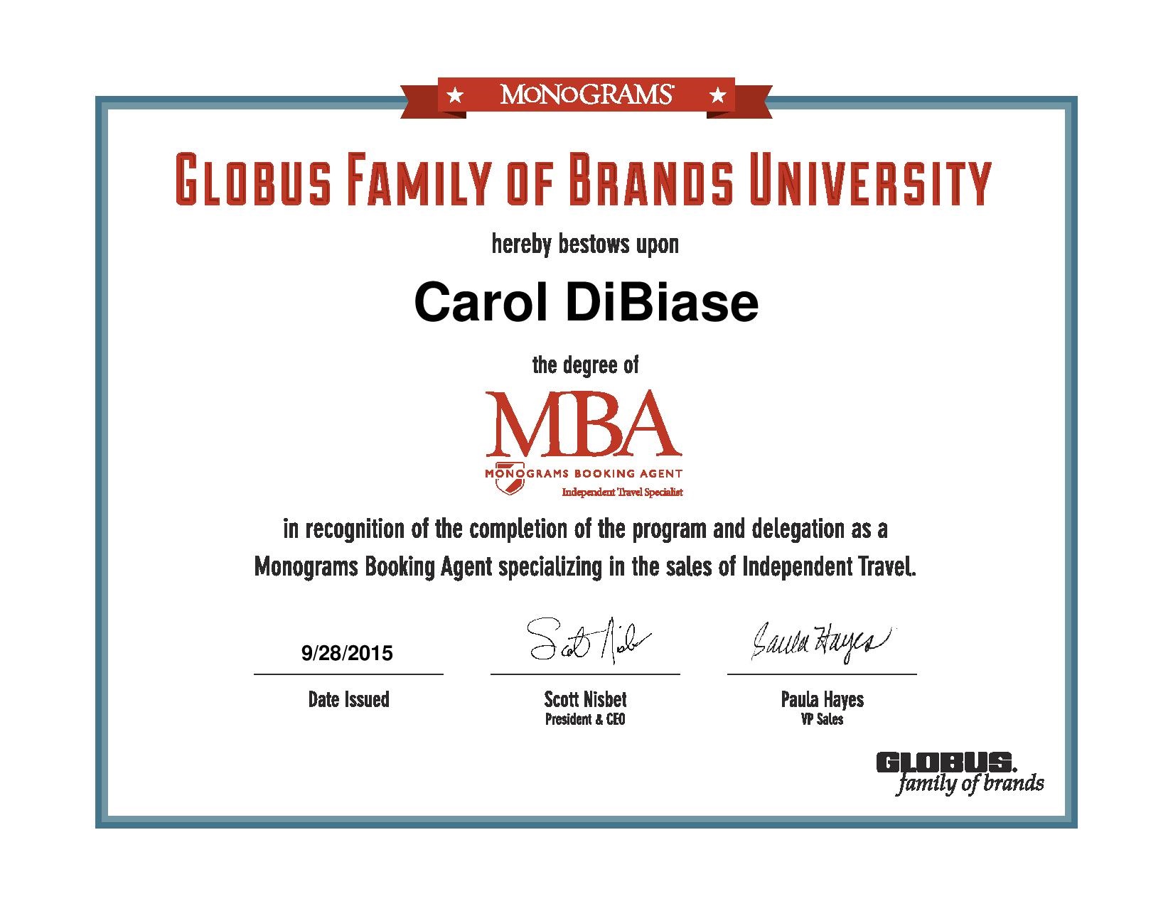 Monograms Booking Agent Certificate for Hosted Independent Travel