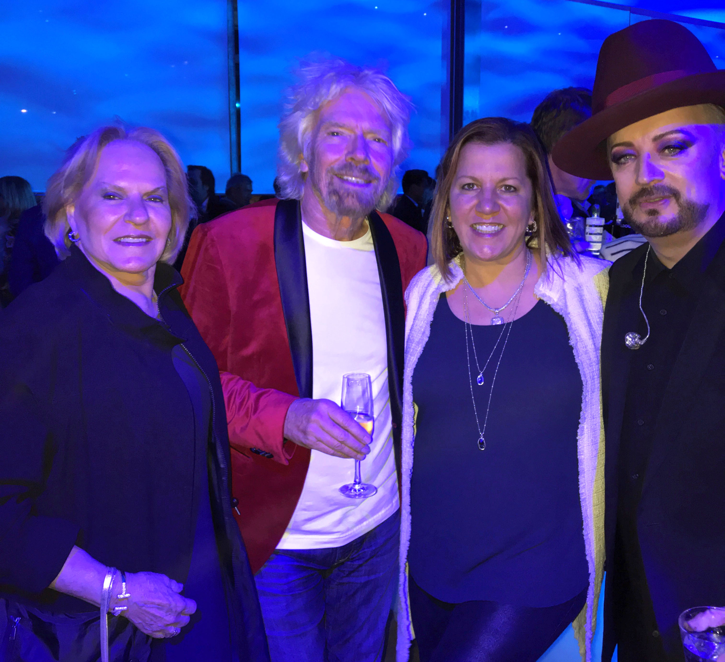 Carol Alexander, Sir Richard Branson, Vicky Garcia COO and co-owner of Cruise Planners with Boy George - at the Viking Voyages Ship Tease Event and Keel Laying Ceremony in Italy.